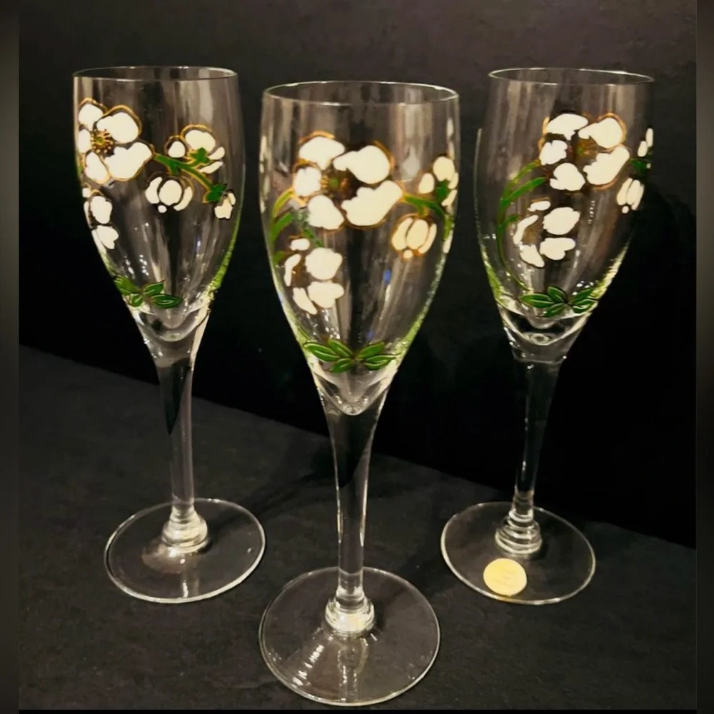 Vintage Perrier Jouet Champagne Flutes, Hand Painted, Set of 3